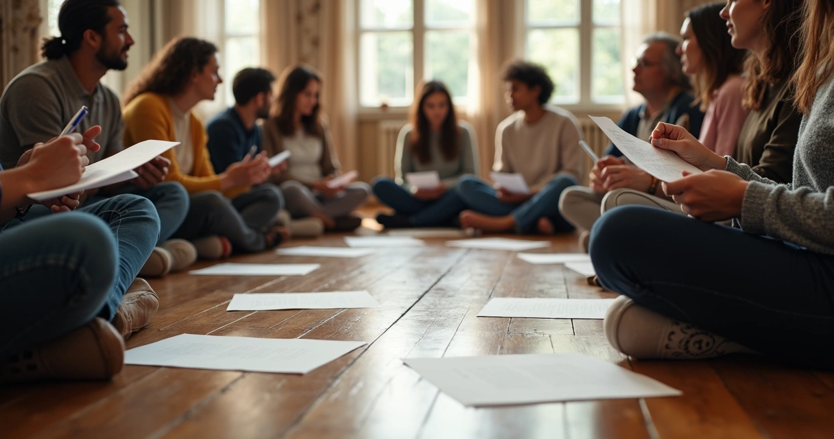 Pessoas em roda compartilhando experiências de gratidão, sentadas no chão, com folha e caneta 