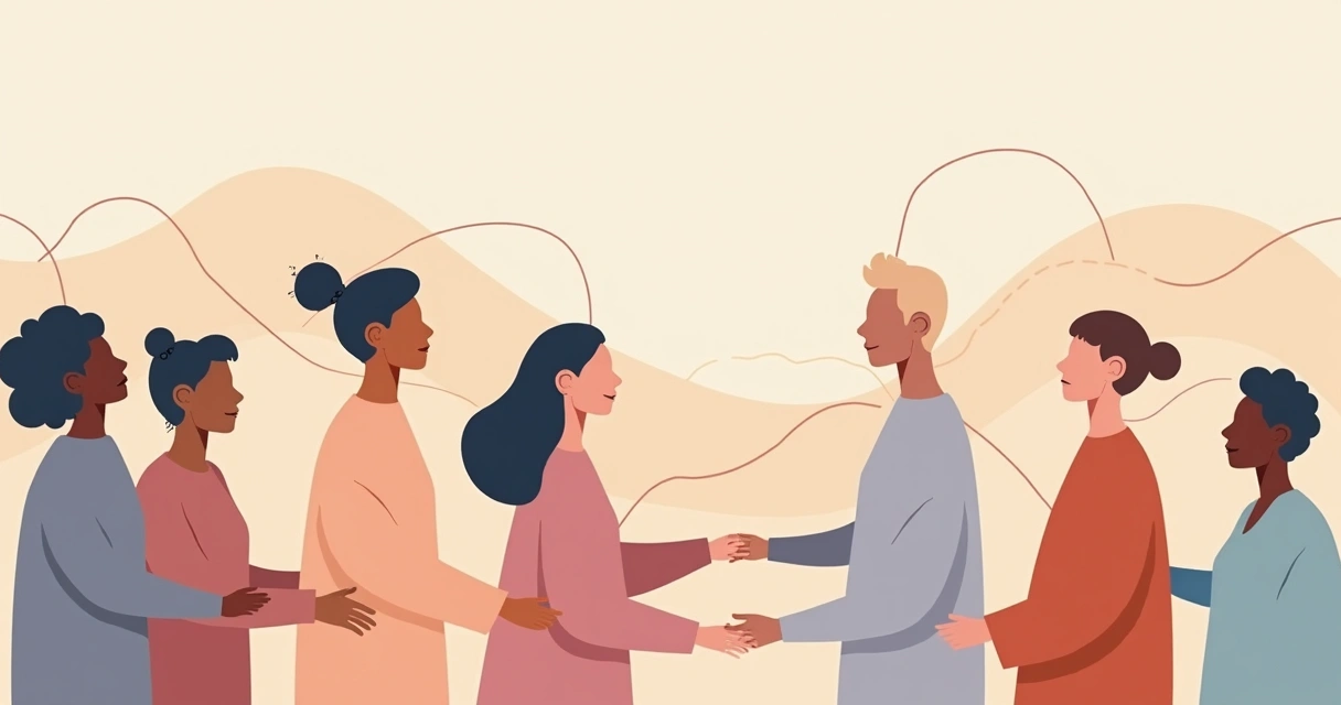Ilustração de pessoas conectadas por linhas suaves em tons pastel, refletindo relações humanas e fluxos emocionais