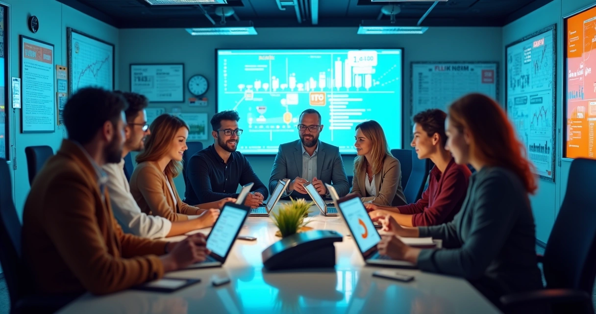 Distribuidores de marketing multinível reunidos em ambiente corporativo, demonstrando integração entre pessoas e tecnologia 