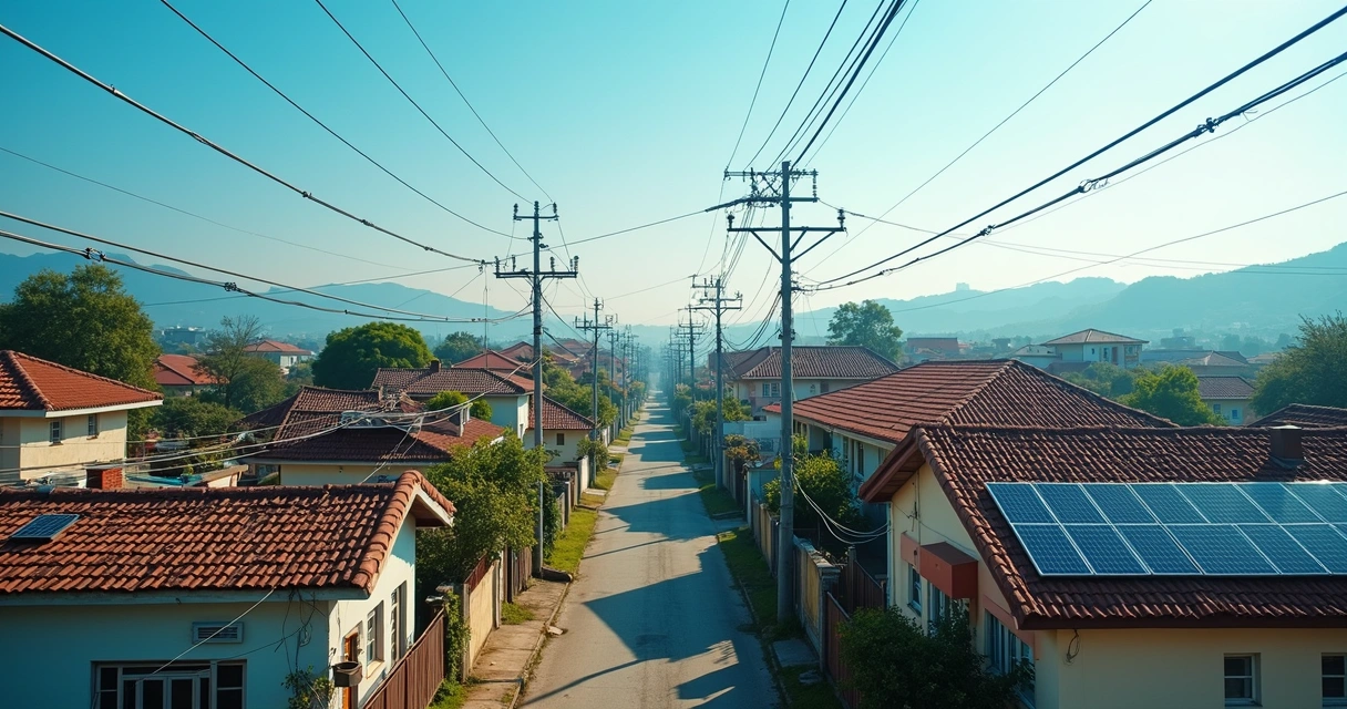 Vista aérea de bairro urbano, postes e fios elétricos conectando casas