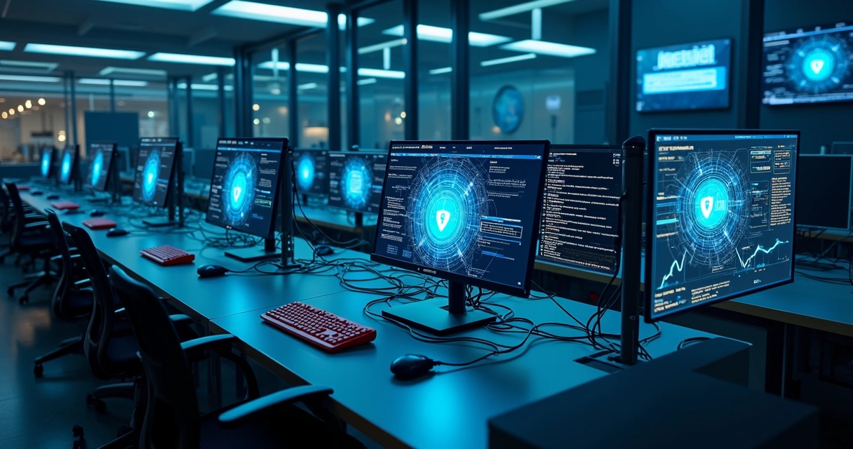 Rede de computadores empresariais interligados com ícones de segurança digital 