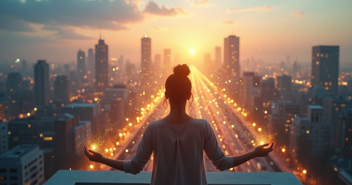 Pessoa em pé em uma cidade conectada por linhas de luz representando impacto coletivo 