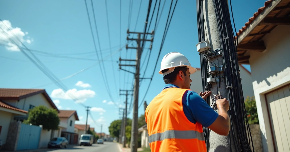 Técnico observando rede de fibra em postes urbanos