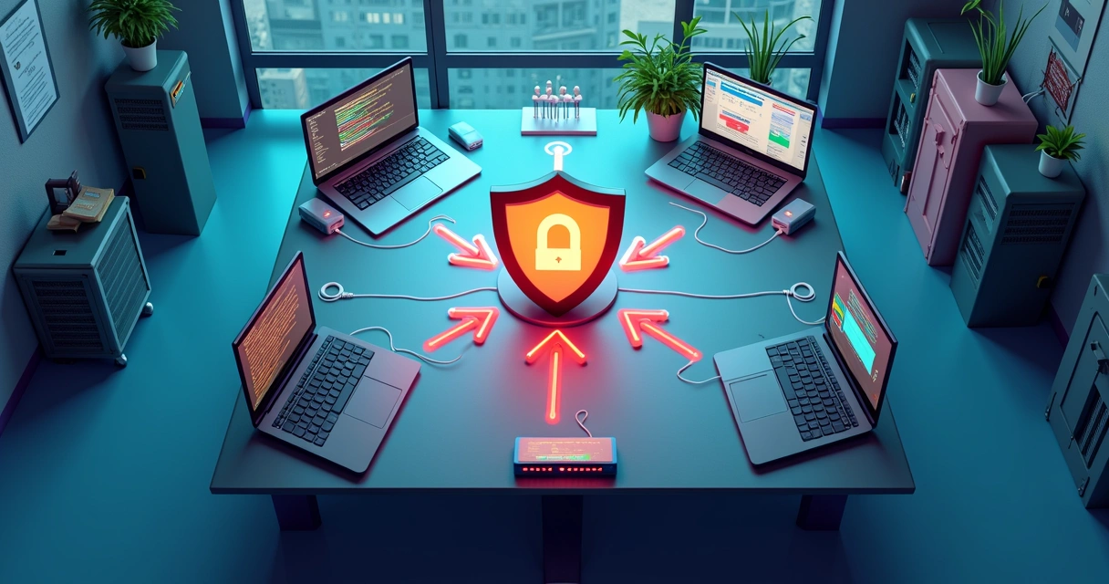 Representação gráfica de rede de uma pequena empresa com firewall protegendo diferentes dispositivos conectados 