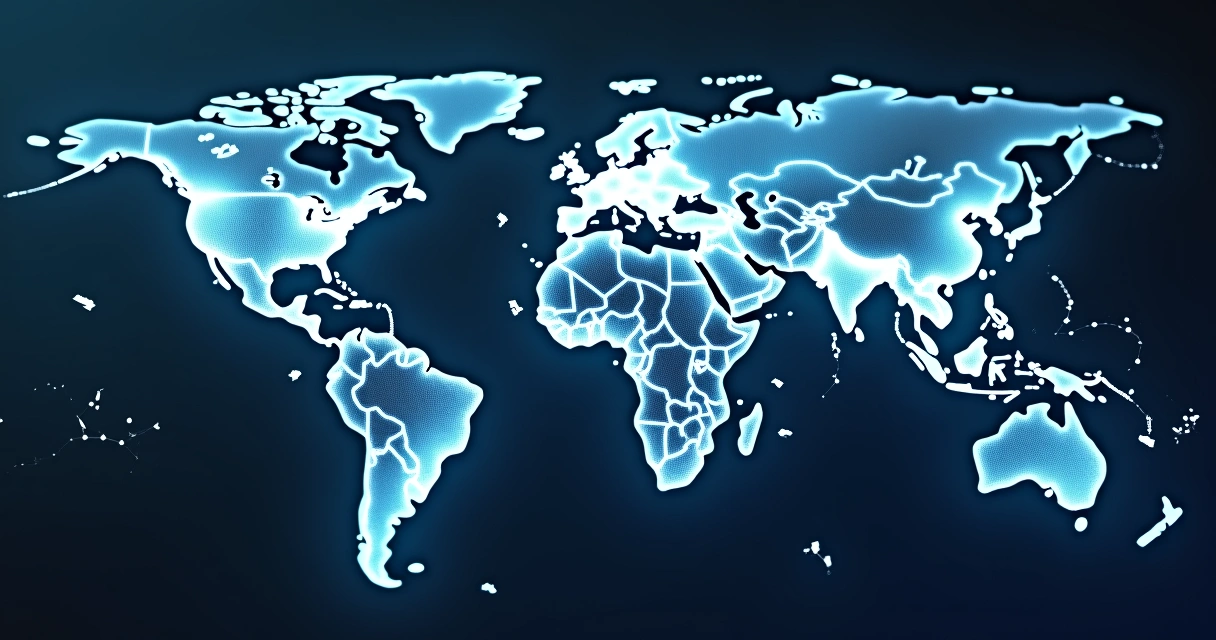 Mapa mundi com redes financeiras conectando capitais e moedas digitais flutuando 