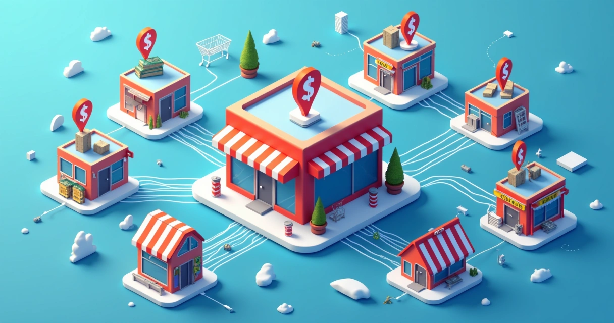 Representação visual de uma rede de franquias interconectadas por pedidos coletivos 