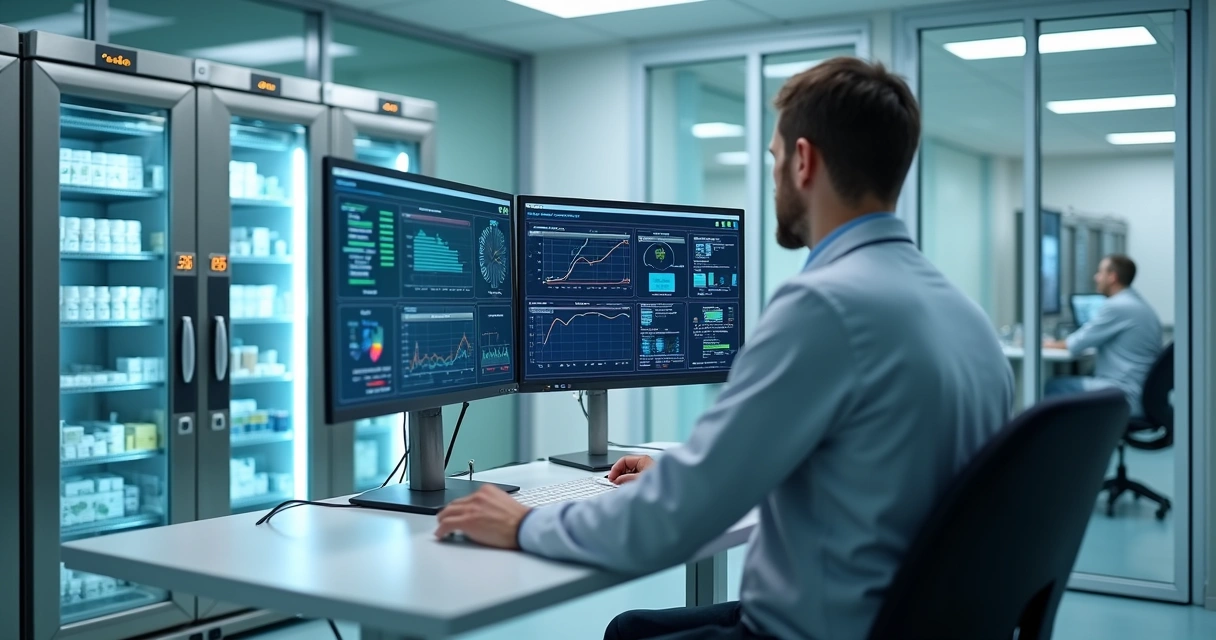 Profissional monitora câmaras frias de vacinas em painel digital com sensores IoT 
