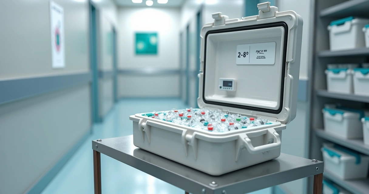 Caixa térmica com frascos de vacinas e sensor digital de temperatura em ambiente clínico 