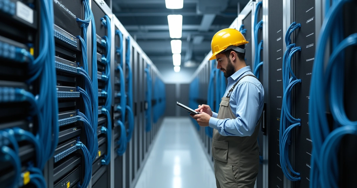 Técnico organizando rede FTTH em rack óptico 