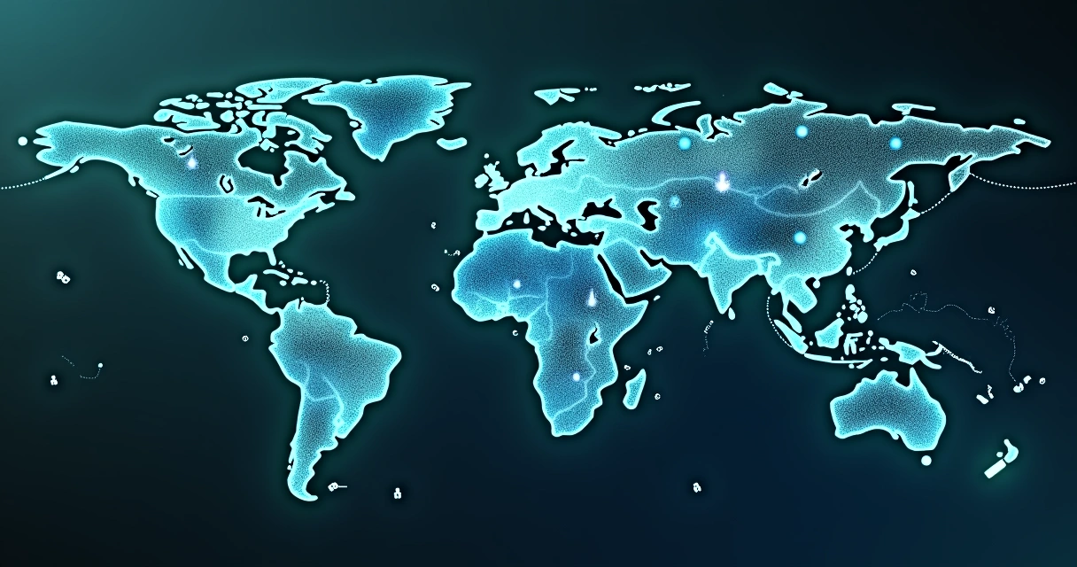 Mapa mundial estilizado com conexões digitais e ícones de pessoas interligadas