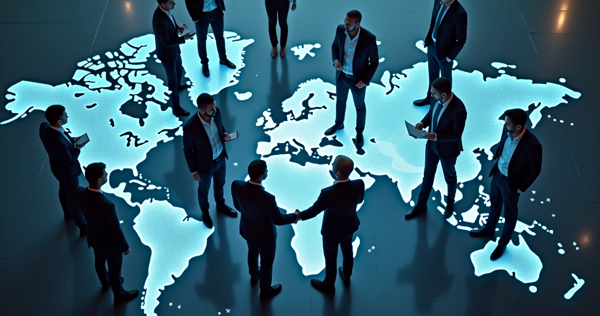 Rede de pessoas conectadas por linhas em um mapa-múndi. 