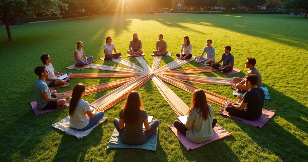 Grupo diverso sentado em trama de fitas coloridas formando rede no chão de parque 