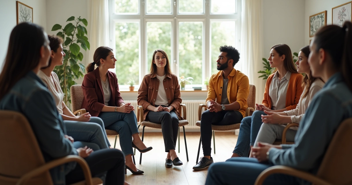 Grupo de pessoas em círculo conversando em um espaço iluminado 