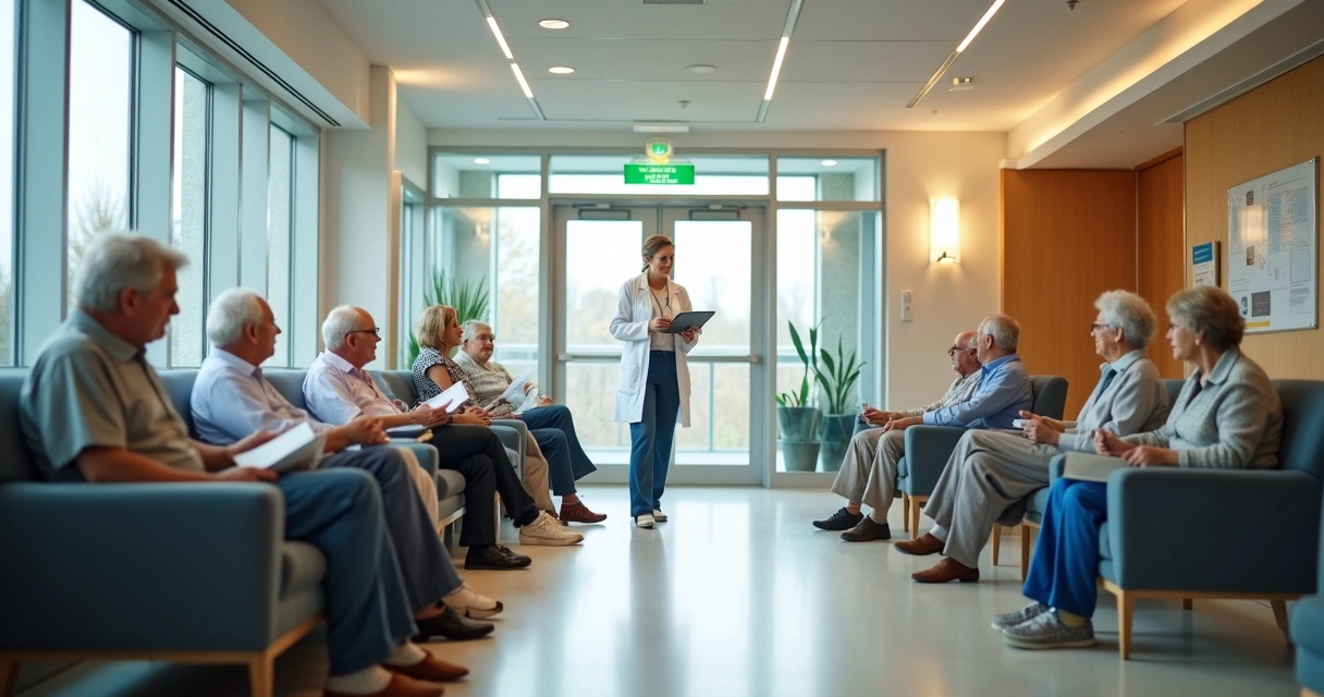 Sala de espera de hospital moderno, pessoas idosas sentadas, médica sorrindo ao fundo 