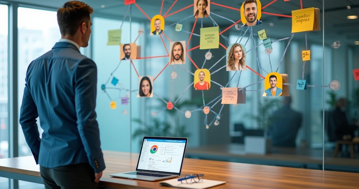 Profissional observando mural com rede de indicações de negócios conectadas 