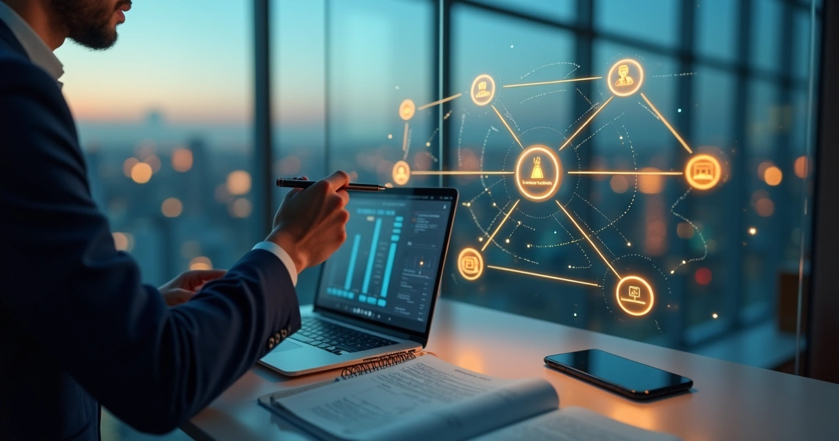 Profissional de BPO financeiro em escritório moderno conectando rede de indicações com clientes empresários 