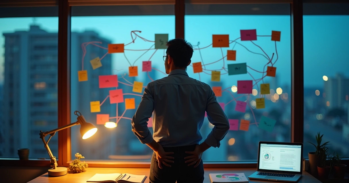 Dono de pequena empresa observando quadro com rede de indicações de clientes 