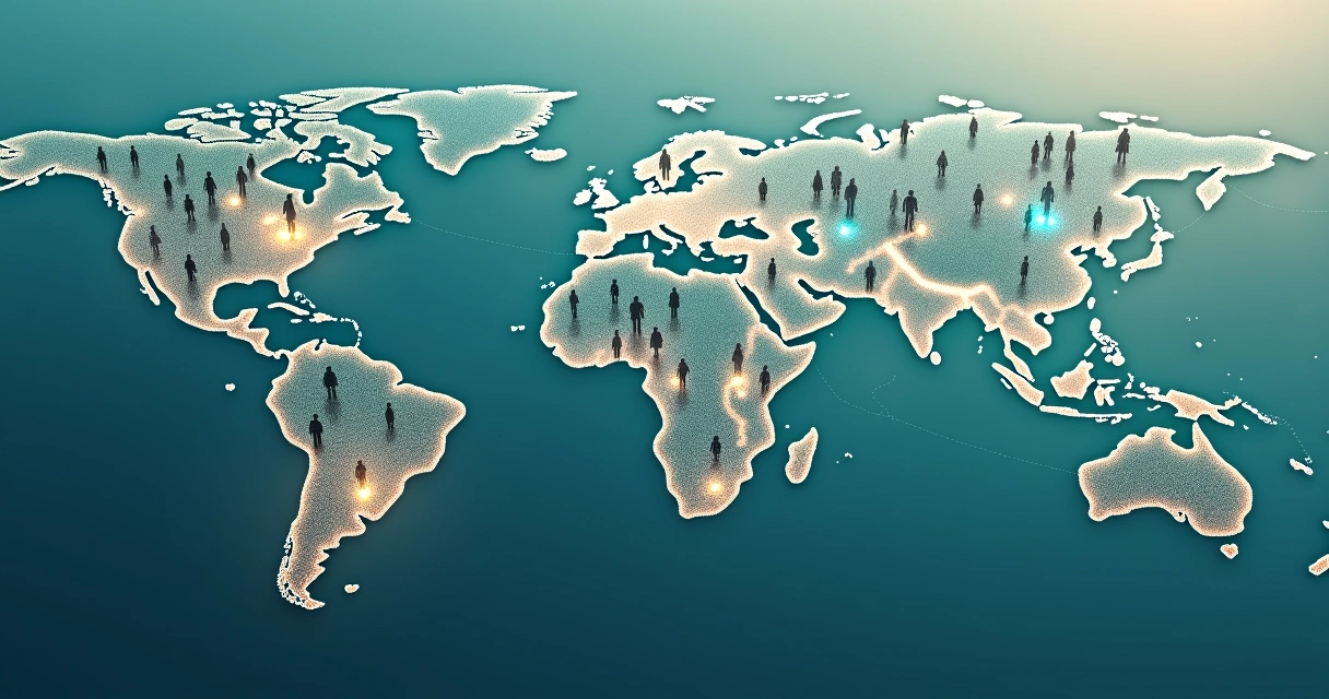 Rede de pessoas conectadas por linhas que atravessam o globo 