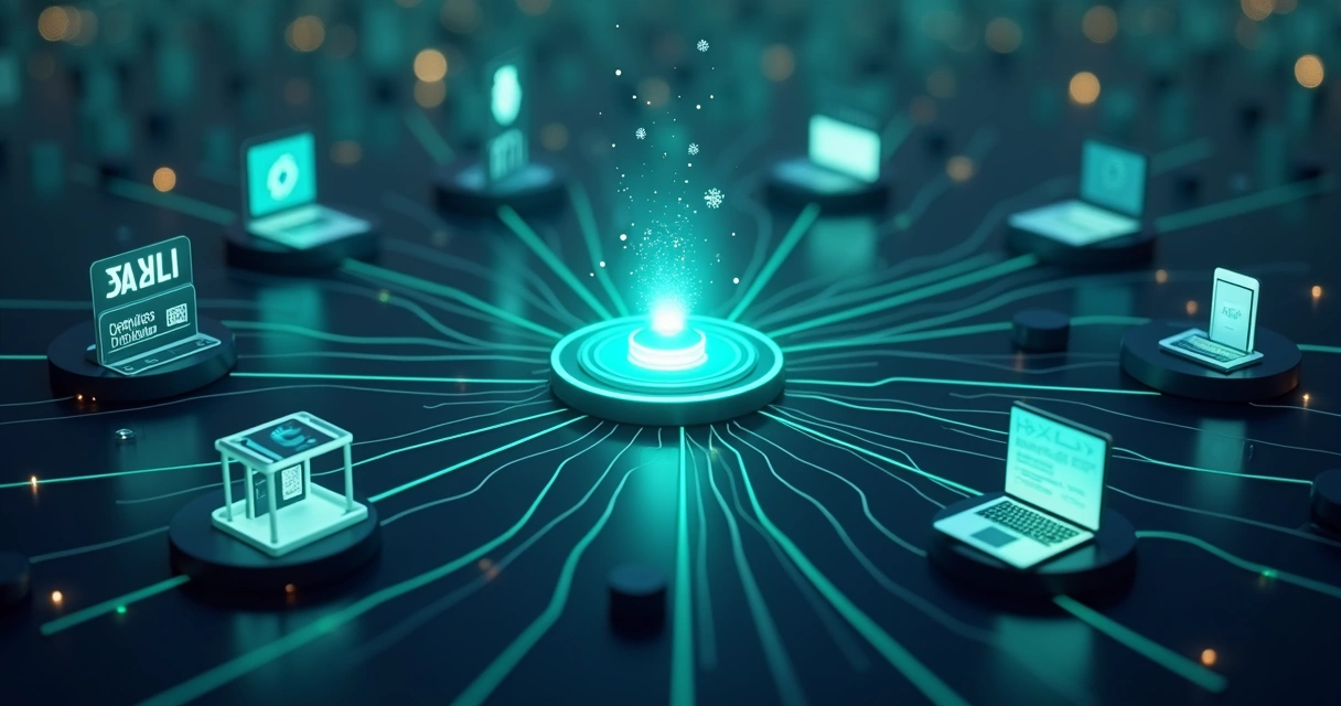 Rede de transações conectando maquininhas, celular, loja física e loja online 