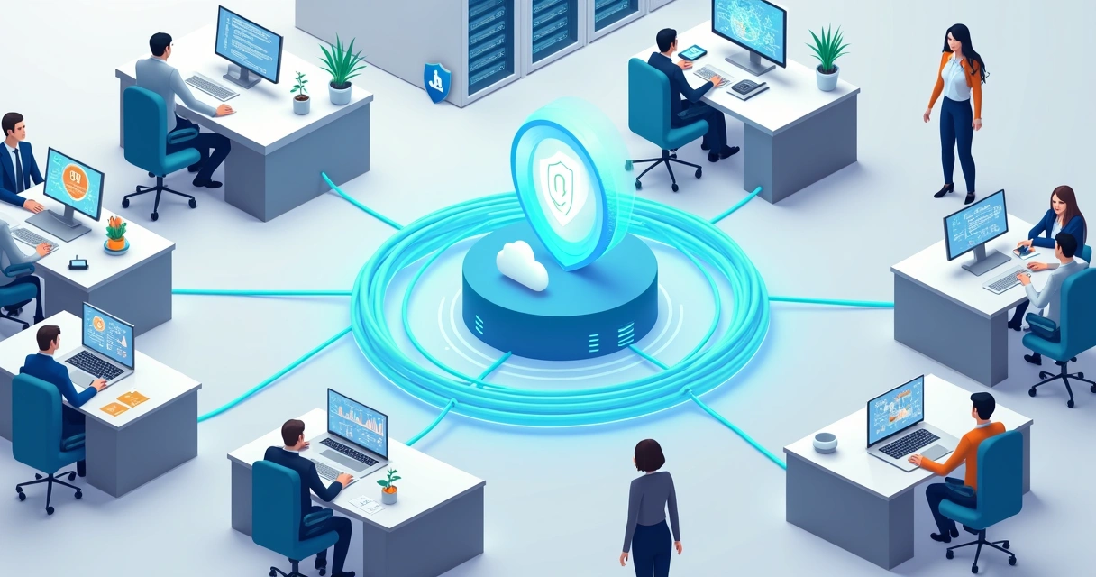 Equipe em ambiente corporativo ligada a uma rede de internet empresarial estável 