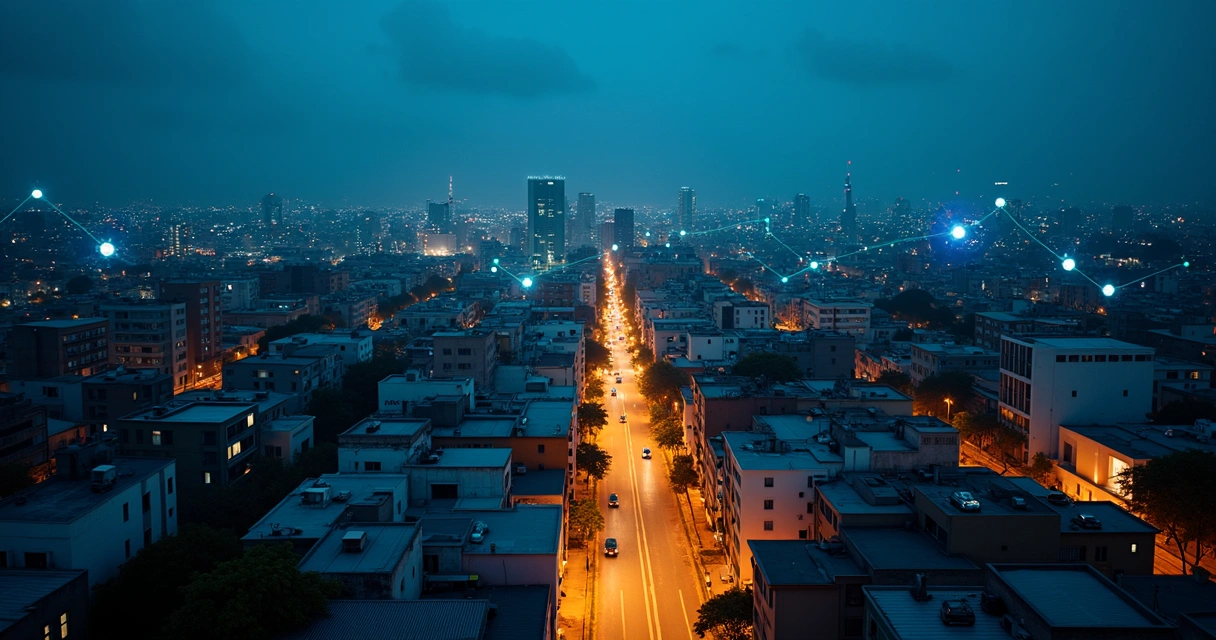 Vista aérea noturna de cidade com rede de conexão simbolizando ISP 