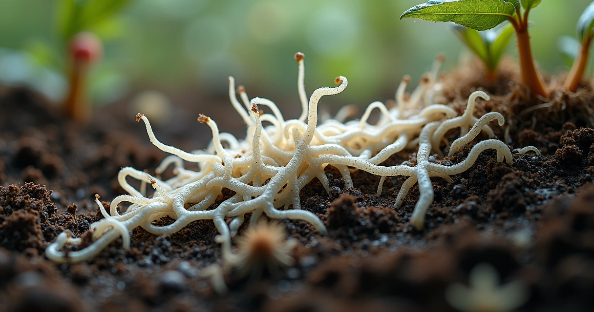 Rede subterrânea de micélio em solo mostrando filamentos ramificados conectando raízes e matéria orgânica 