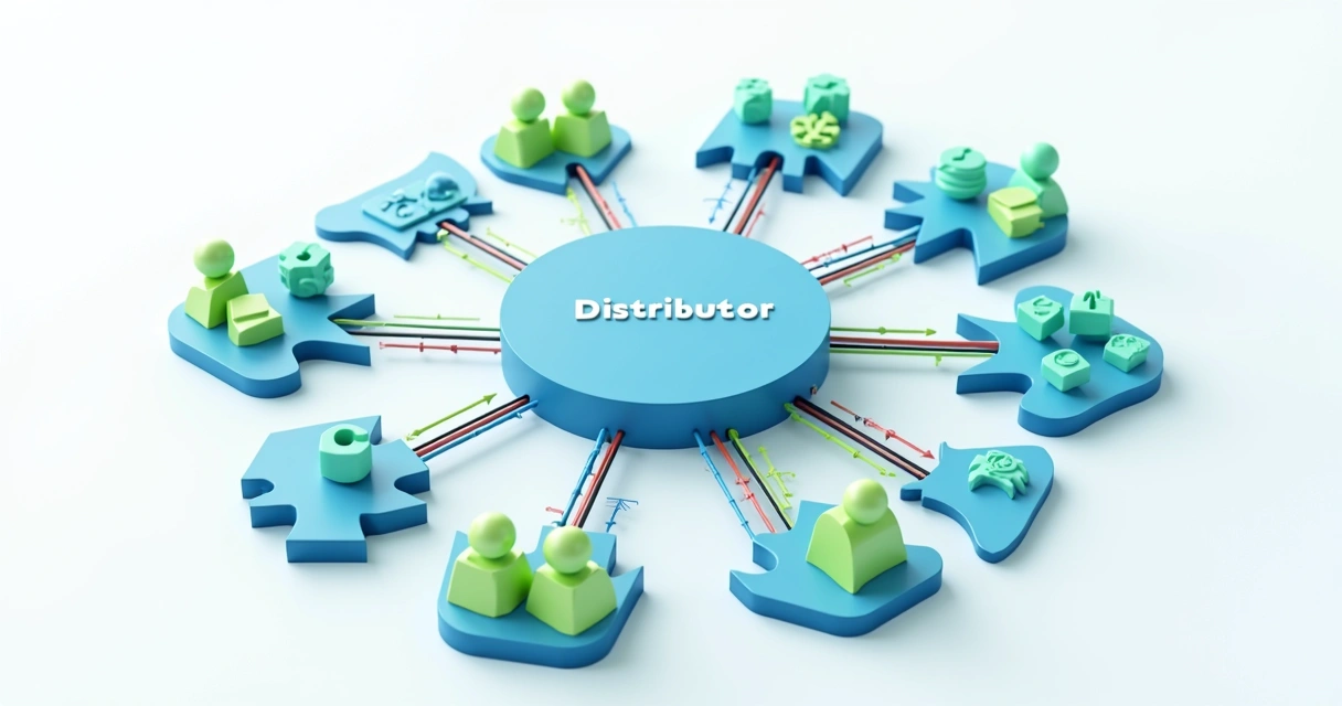 Two-tier distribution: guia prático do modelo distribuidor-revendedor Diagrama colorido conectando distribuidor e revendedores em rede.