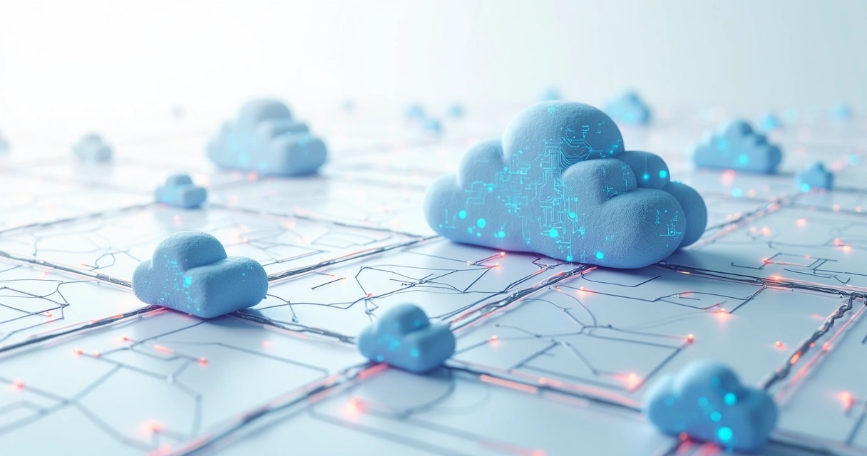 Visão gráfica de nuvens conectadas por linhas e dados trafegando. 