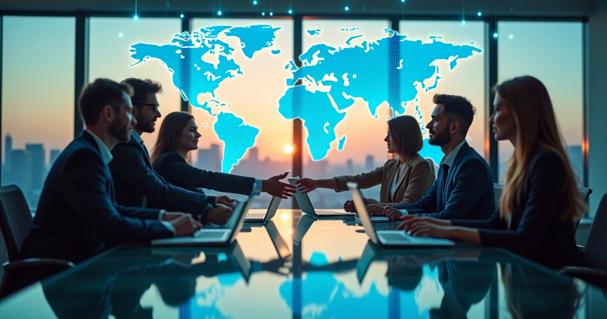 Executivos em diferentes países conectados por holograma de rede global 