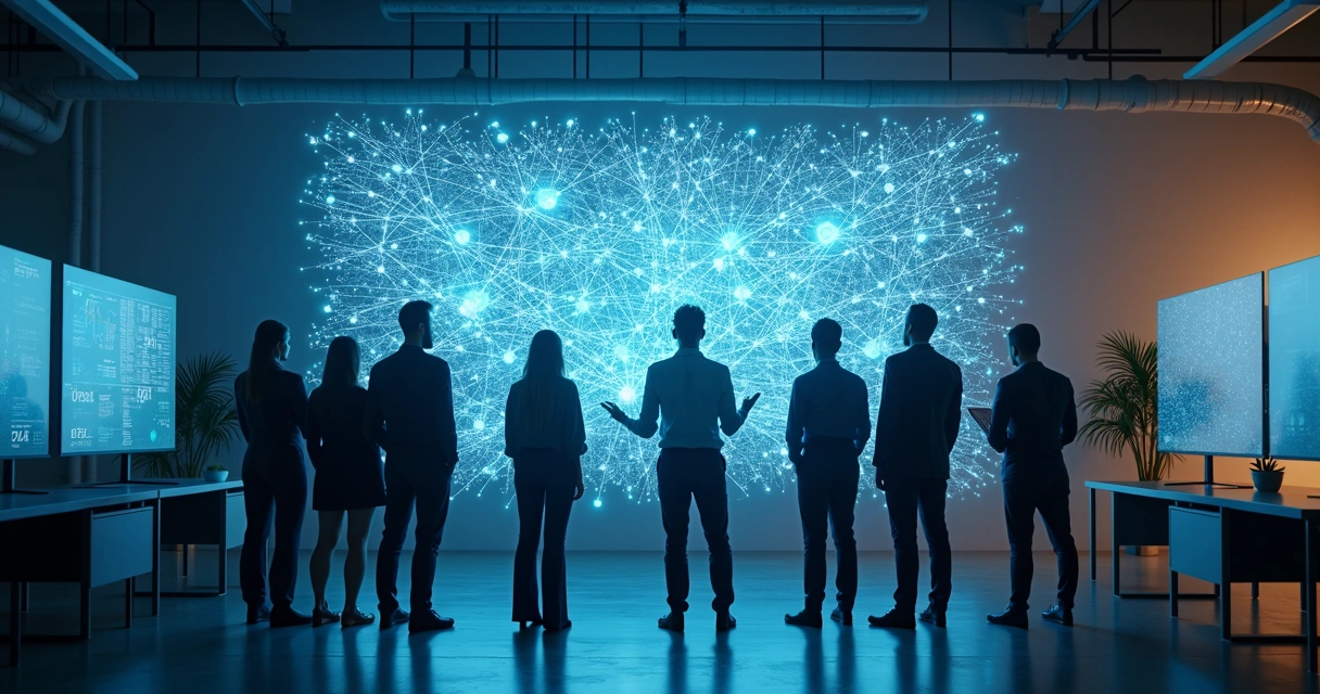 Profissionais juntos em rede de networking de dados 