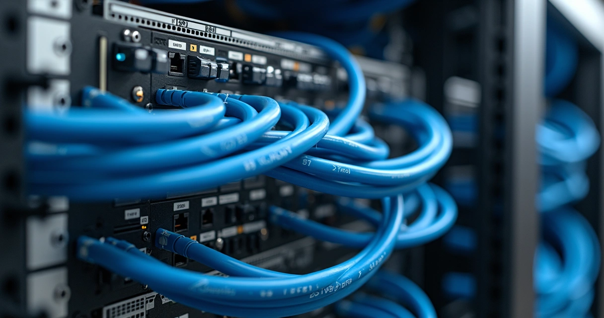 Rack de rede com patch panels, cabos azuis bem organizados e etiquetados