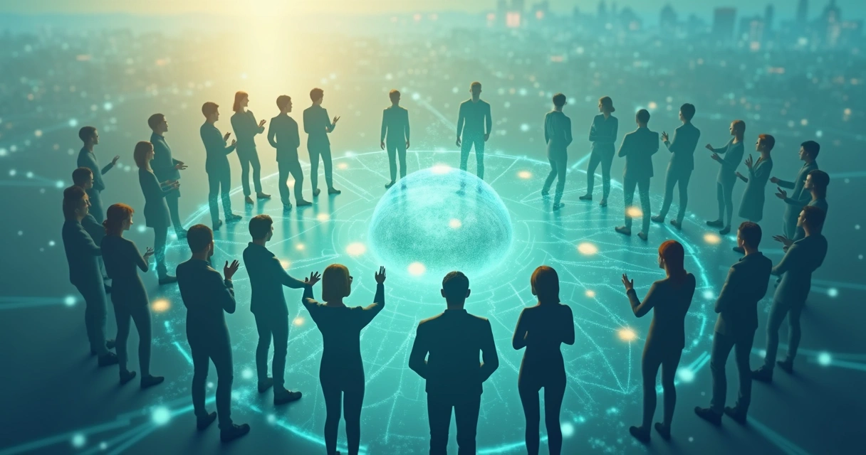 Visualização de uma rede de pessoas conectadas por linhas brilhantes. 