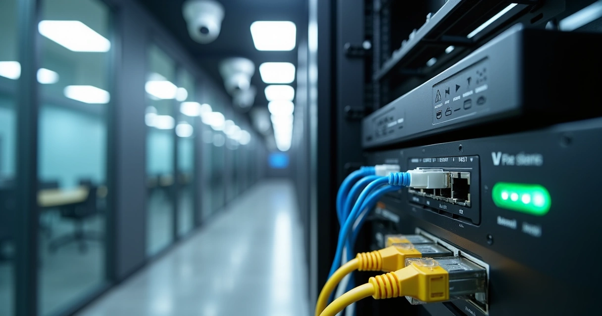 Switch PoE em rack conectado a câmeras IP de segurança no teto de um escritório moderno 