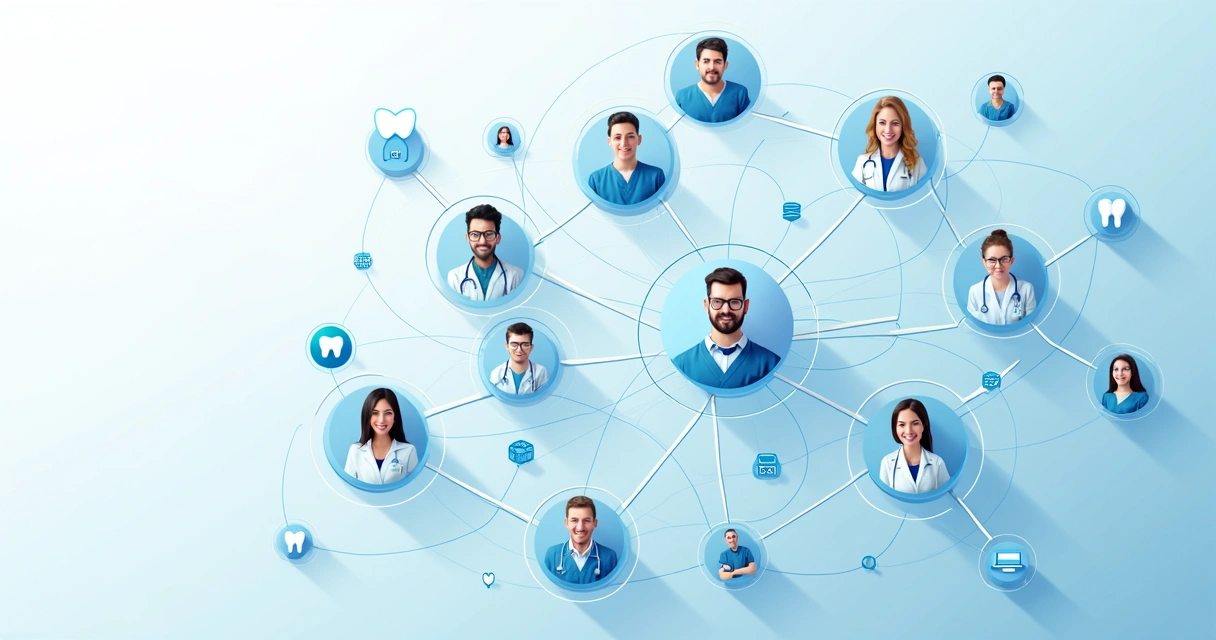 Profissionais de odontologia conectados em uma rede digital com perfis e especialidades. 