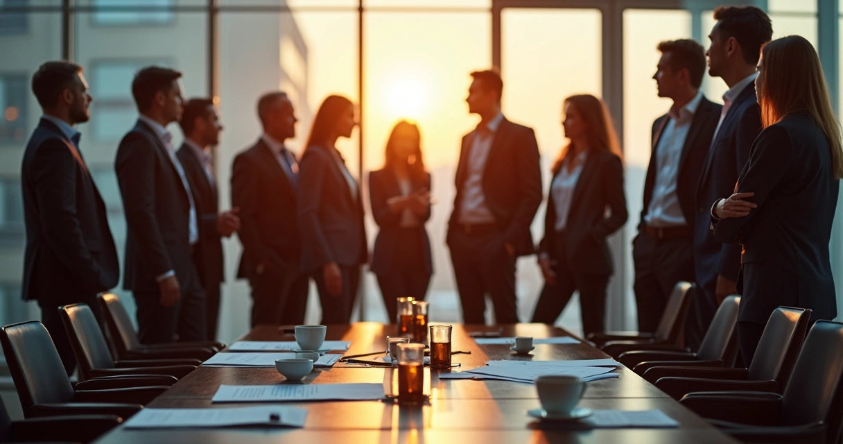 Profissionais em roda conversando em evento corporativo 