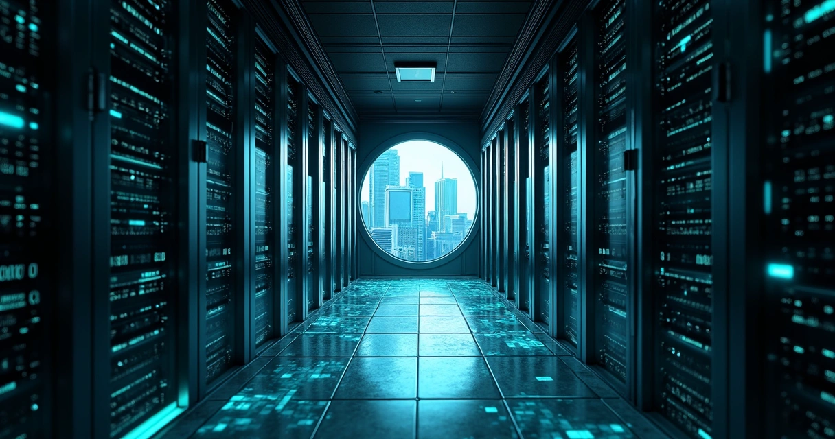 Corredor de servidores escuros formando túnel com cidade empresarial ao fundo 