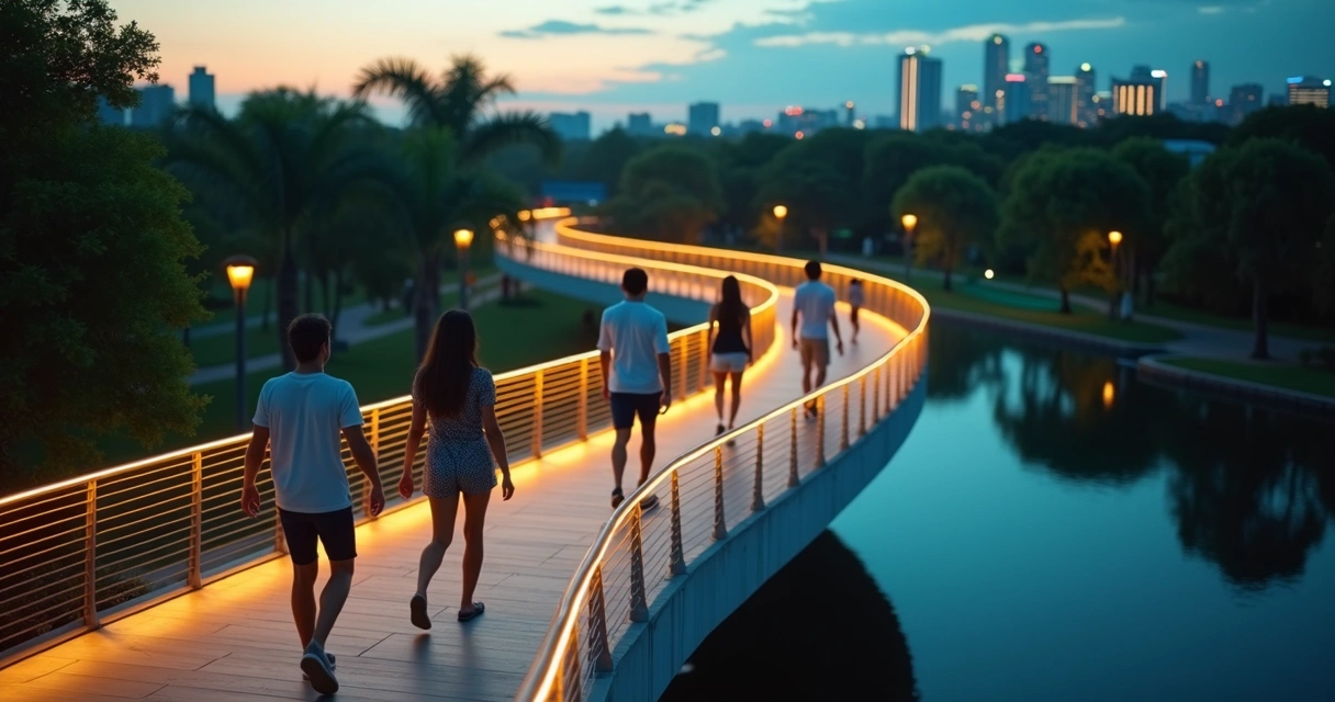 Pessoas caminhando em ponte curva com conexões luminosas entre elas 