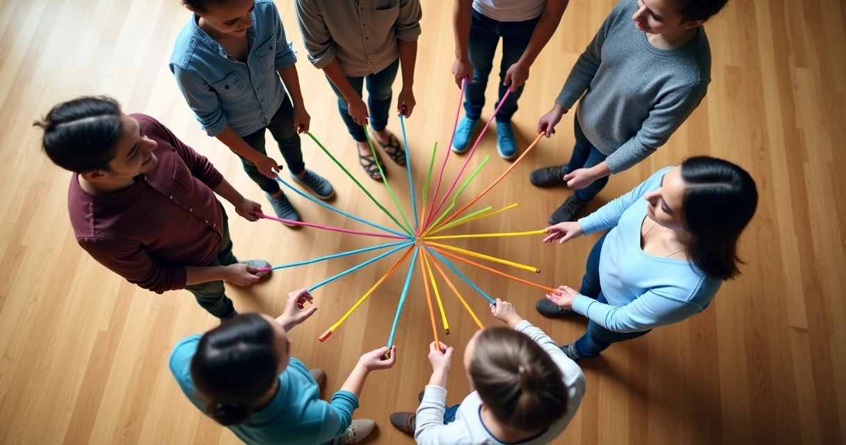 Pessoas conectando linhas formando rede simbólica 