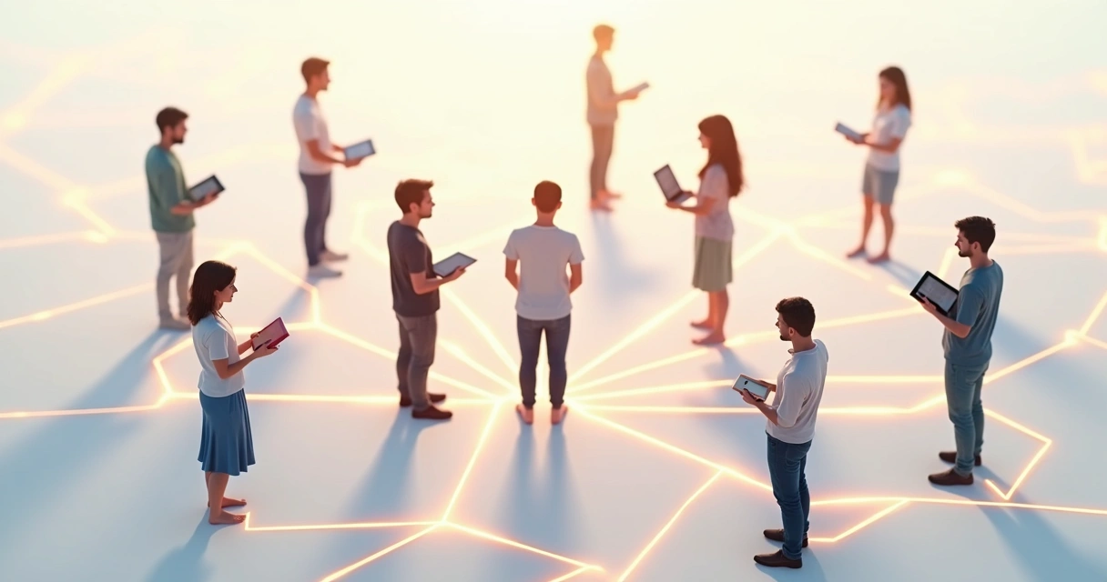 Desenho de pessoas conectadas por linhas formando uma rede de relações 