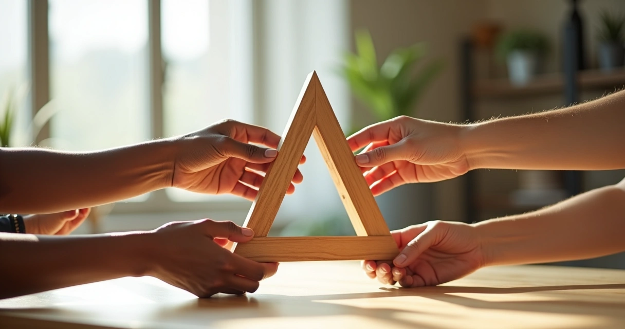 Várias mãos apoiando peças de madeira que formam uma estrutura interligada 