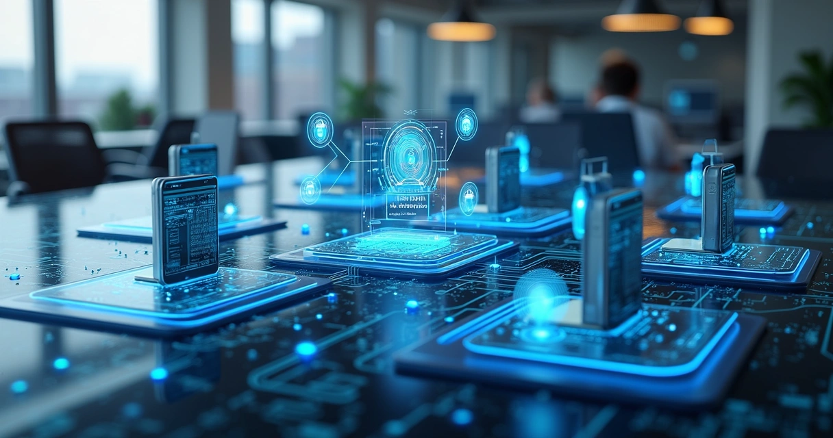 Rede corporativa segmentada com vários servidores e dispositivos conectados 