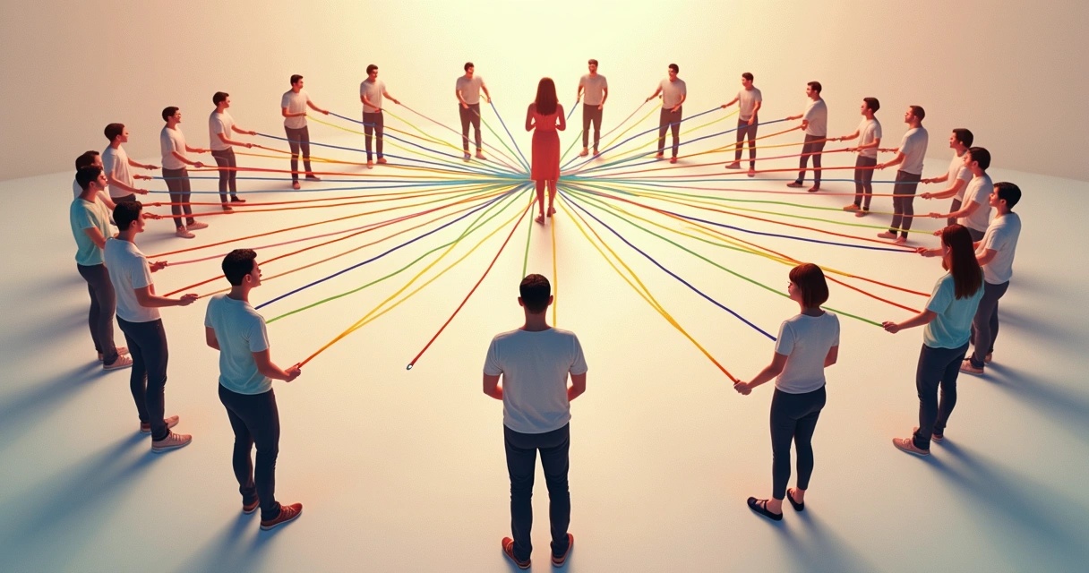 Pessoas em círculo segurando elásticos que se cruzam entre elas, formando uma rede de conexões. 
