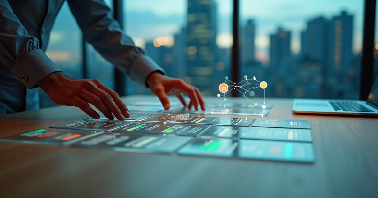 Profissional analisando dados de redes sociais em cartões de leads corporativos 