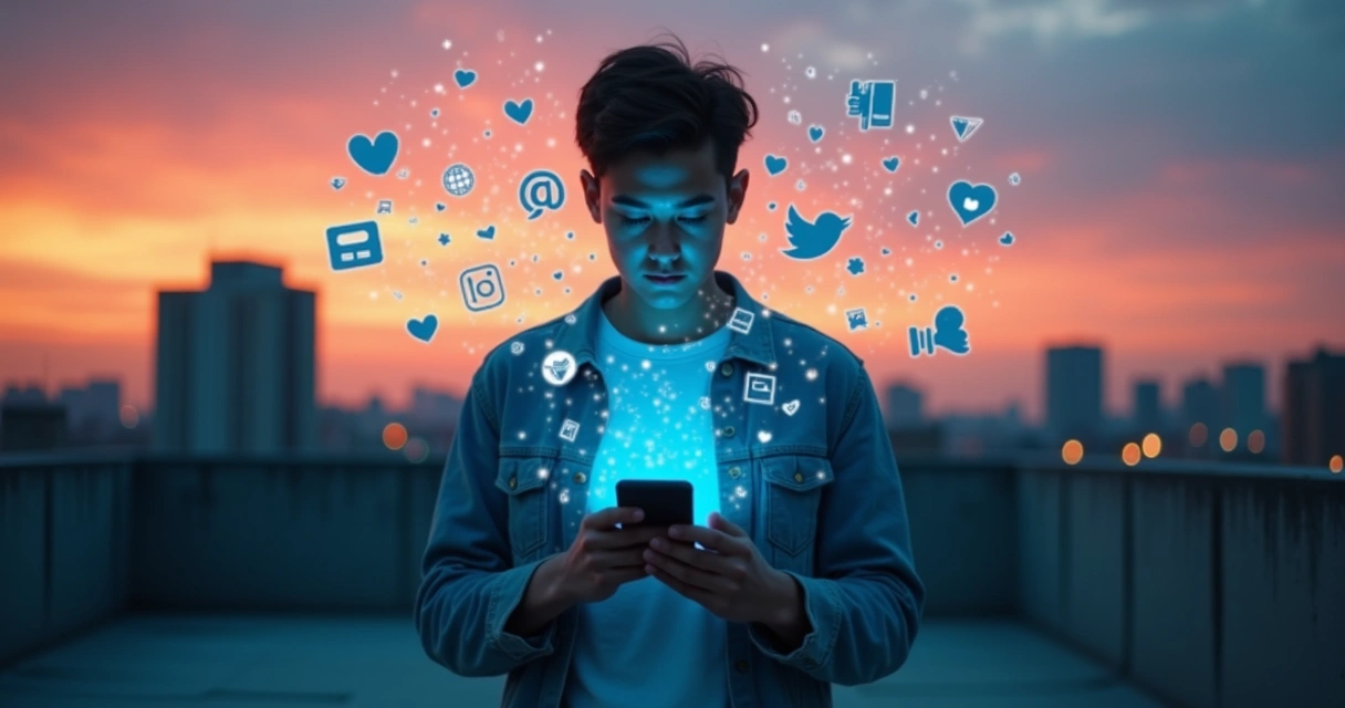 Pessoa olha para o celular enquanto a própria silhueta se desfaz em ícones de redes sociais 