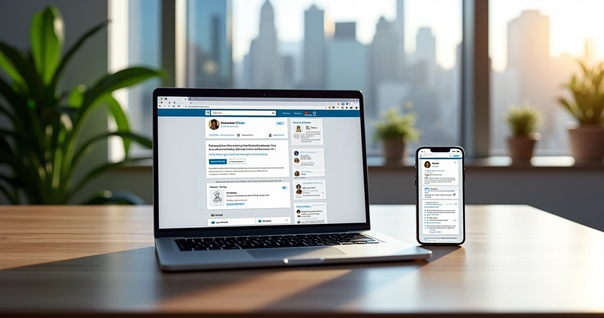 Interface do LinkedIn aberta em notebook sobre mesa de escritório moderna 