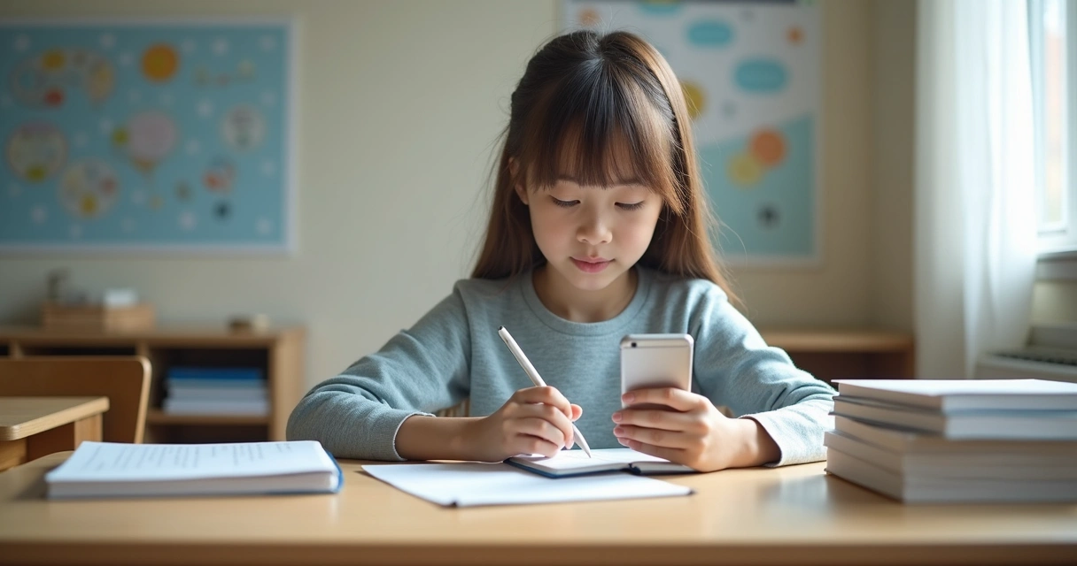 Pessoa jovem equilibrando livros e celular em ambiente de estudo, mostrando concentração.