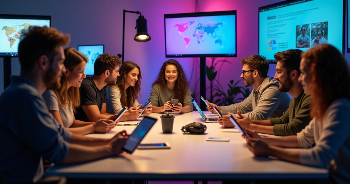 Influenciadores digitais brasileiros usando celular em estúdio colorido 