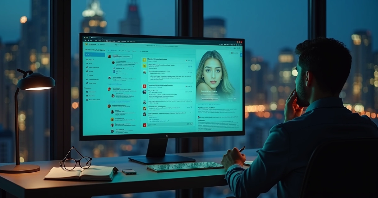 Colaborador observa painel digital com interações de rede social ao lado de ícones de alerta e empatia 