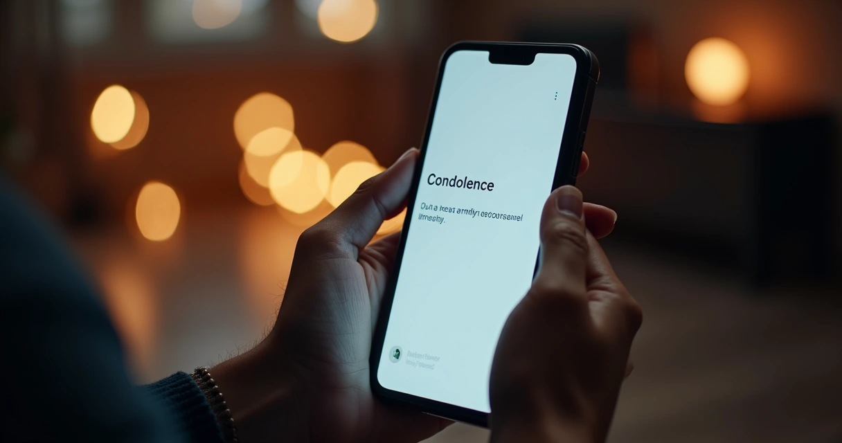Mãos segurando celular com mensagem de luto em rede social