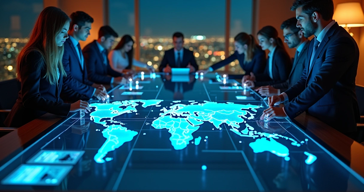 Sócios estratégicos conectados em volta de mesa sobre mapa-múndi luminoso 